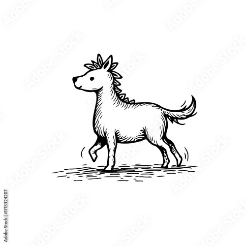 Whimsical equine illustration a hand drawn pony trots forward with spirited energy and charming