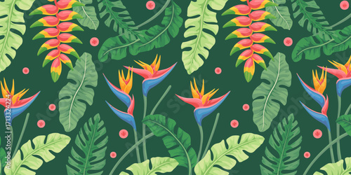 This image features a stunning array of tropical flowers and lush green leaves set against a dark background, creating an exotic and vibrant atmosphere perfect for design.