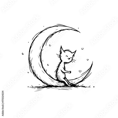 Whimsical feline artwork featuring a charming kitten resting serenely within the crescent of a