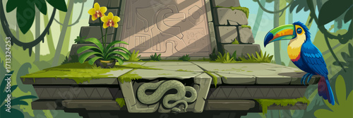 A vibrant tropical setting features a significant stone mosaic, lush greenery, and a playful toucan perched nearby, creating a lively jungle atmosphere bursting with color.