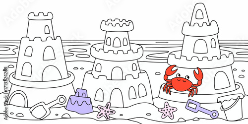 A whimsical coloring page featuring sandcastles, a crab, and beach toys, capturing the essence of summer fun and creativity for kids and adults alike.