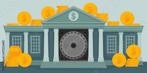 An artistic depiction of a traditional bank with a secure vault and overflowing gold coins, symbolizing financial security and wealth accumulation in banking.