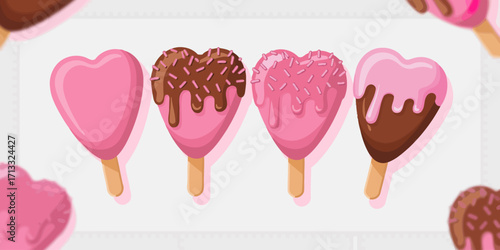 This image features a delightful collection of heart-shaped ice cream popsicles in pink and brown, presenting a vibrant and playful dessert theme appealing to all ages.