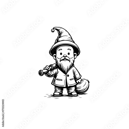Whimsical gnome adventurer embarks on a journey with spyglass and satchel in monochrome