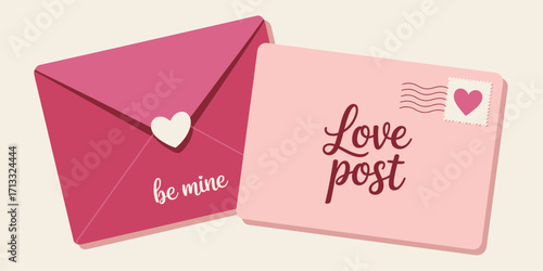 Two romantic postcards and envelopes designed to convey love thoughts and sentiments, showcasing hearts and affectionate messages in soft colors.