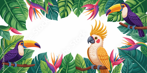 This captivating image showcases vibrant tropical birds amidst a lush frame of foliage, creating an engaging natural scene that inspires feelings of adventure and beauty.