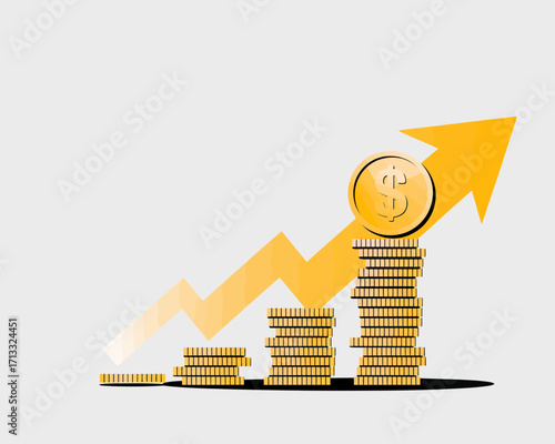 An illustration of golden coins stacked with an upward arrow, symbolizing financial growth, investment success, and economic prosperity in the world of business.