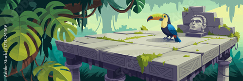 This stunning image showcases ancient ruins adorned with an imposing stone idol in a lush jungle, evoking a sense of mystery and historical intrigue amid natural beauty.