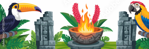 Vividly colored birds frame a central fire bowl surrounded by lush tropical leaves, symbolizing balance and harmony with nature in this enchanting and captivating visual composition.