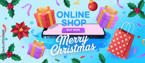 This image showcases a digital shopping scene featuring Christmas-themed decorations, emphasizing an online platform for festive shopping and holiday cheer.