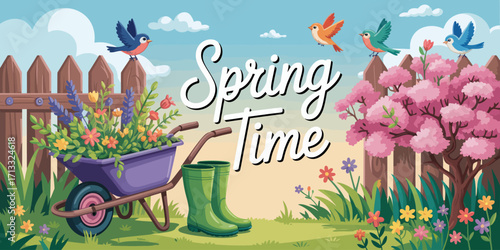 A delightful spring scene depicting a vibrant wheelbarrow loaded with plants, colorful birds, and blooming trees, capturing the essence of renewal and joy found in gardening activities.