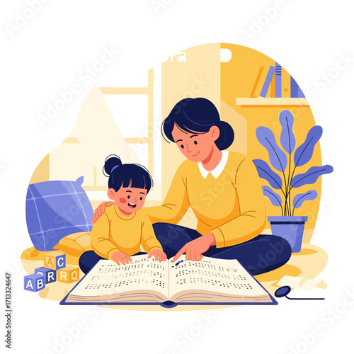 Woman and child reading Braille book