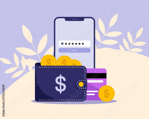 An artistic representation of a wallet login screen filled with coins and cards, blending color and simplicity to convey the modern essence of financial transactions.