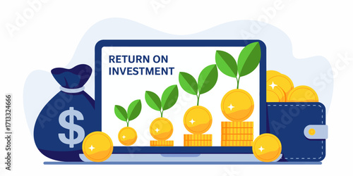 A vibrant graphic depicting the return on investment with growing coins and plants, complemented by a money bag and laptop, emphasizing prosperity and financial success.