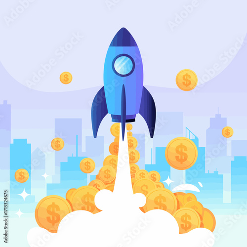 A visually captivating image of a rocket propelling upward, scattering golden coins in an urban landscape, symbolizing prosperity and the promise of success.