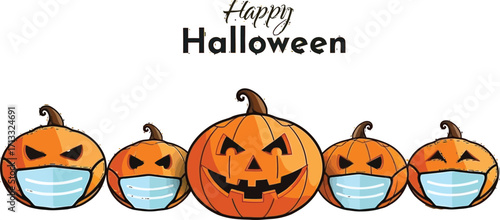 Smiling jack-o'-lanterns wear masks, celebrating a safe and happy Halloween holiday with festive cheer.