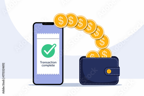 The image illustrates a transaction completion message on a smartphone, showcasing a seamless flow of coins into a wallet, symbolizing ease and reliability in digital money transfers.