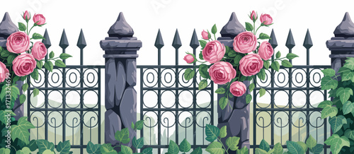Featuring a gorgeous romantic gate decorated with lush roses and strong stone pillars, this image encapsulates beauty and love in an enchanting outdoor setting.
