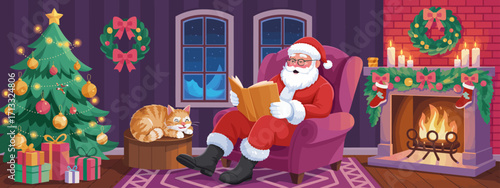 A jolly Santa Claus sits in a cozy chair reading a book, surrounded by festive decorations, a warm fireplace, a Christmas tree, and a sleepy cat, creating a magical holiday scene.