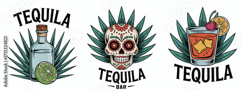An artistic representation of a tequila bar featuring a bottle, a lime, and a sugar skull, capturing the essence of celebration and the rich tradition of tequila in a vibrant style.