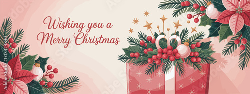 A delightful holiday scene featuring a beautifully wrapped gift box adorned with festive elements, surrounded by Christmas florals and a warm, inviting vibe, perfect for Christmas cheer.