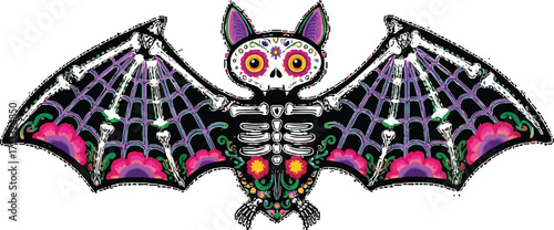 Dia de los Muertos bat skeleton with vibrant floral and spiderweb details ready for Halloween