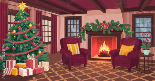 A heartwarming holiday interior features a beautifully decorated Christmas tree beside a cozy fireplace, radiating warmth and joy, perfect for festive celebrations and gatherings.