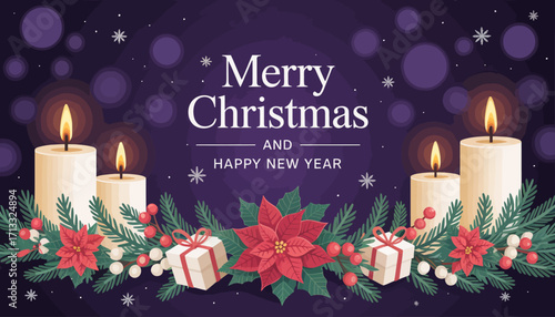 An elegant Christmas design featuring candles, gift boxes adorned with bows, and beautiful poinsettia flowers, perfect for conveying holiday spirit and warmth.