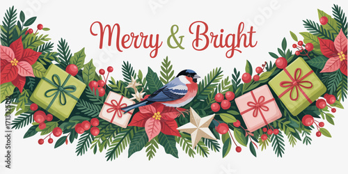 A cheerful and bright holiday design featuring Christmas elements such as gifts, flowers, and a bird, capturing the essence of joy and celebration during the festive season.
