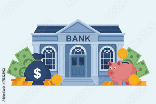 This image features a bank building surrounded by stacks of cash, a money bag, and a piggy bank, symbolizing savings and financial security.