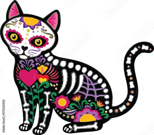 Vibrant Catrina Cat Illustration for Dia de los Muertos, Day of the Dead celebrations