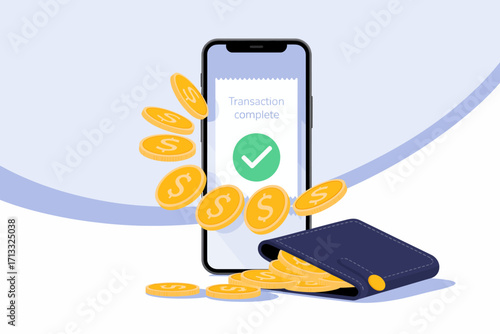 This image represents a smartphone confirming a transaction completion, with coins falling into a wallet, emphasizing the ease and speed of modern payment systems in today’s digital world.