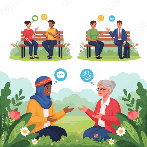 Diverse people having discussions outdoors
