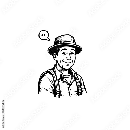 Whimsical illustration of a man wearing a hat with a thought bubble above his head adding