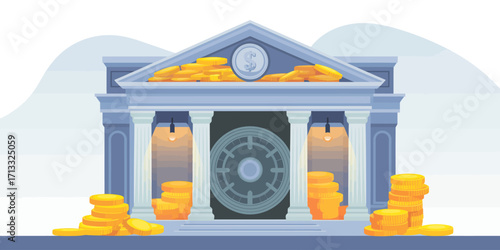 A stylized image of a bank with a vault and stacks of coins, representing financial security, growth, and the importance of saving for future prosperity and stability.