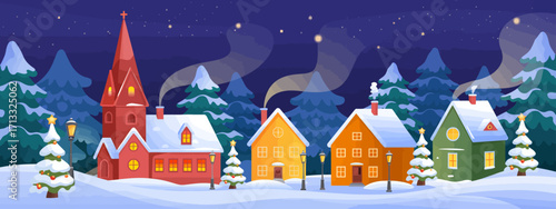 A picturesque winter village featuring colorful houses, snow-covered trees, and a charming church steeple, set against a backdrop of a starry night sky.