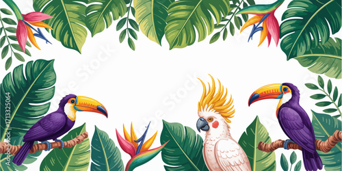 This captivating image showcases colorful tropical birds amidst vibrant green leaves, creating a lively and exotic atmosphere perfect for nature lovers and wildlife enthusiasts.
