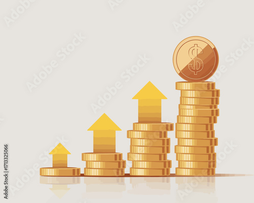 An elegant design featuring golden coins neatly stacked with arrows pointing upward, representing positive growth trends and strong investment performance in finance.