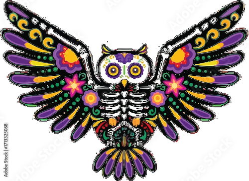 Vibrant Day of the Dead owl design with intricate details, perfect for celebrations