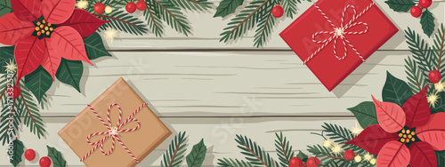 An elegant arrangement features beautifully wrapped Christmas gifts nestled in holiday greens and poinsettias, capturing the festive and joyous essence of the Christmas season.