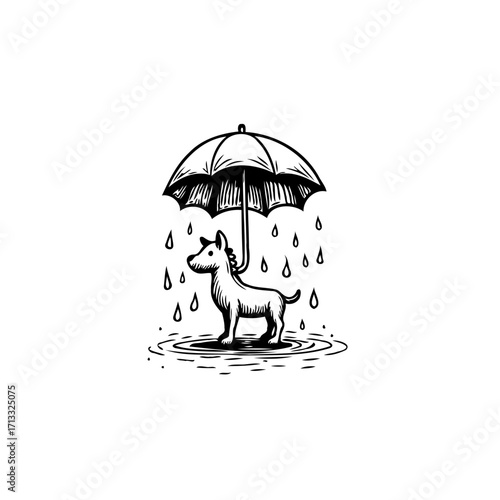 Whimsical Illustration of a Solitary Canine Seeking Shelter Underneath an Umbrella from Falling
