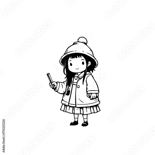 Whimsical little girl illustration, showcasing innocence and winter attire in a charming
