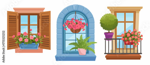 This set of charming windows displays various lush floral arrangements, revealing how nature's beauty can transform spaces into serene and inviting environments.