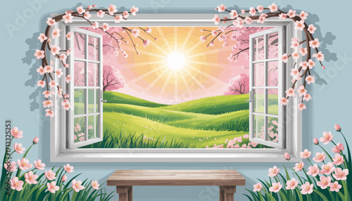 This artistic portrayal of a window framing a serene landscape features lush green hills, vibrant flowers, and a radiant sunrise bringing warmth to the scene.
