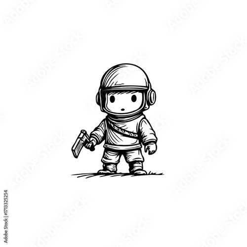 Whimsical little space explorer prepares for an interstellar journey with determination and a