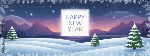 A visually striking winter scene with soft snow draped across the ground and evergreen trees under a vast starry sky, perfect for sending New Year wishes.