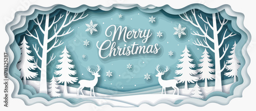 A beautiful paper cutout scene depicting reindeer and snow-covered trees with a soft blue background, perfect for Christmas-themed celebrations and decorations.