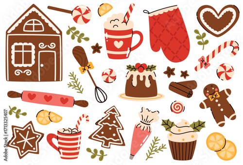 A set of Christmas baking elements. Gingerbread house, sweets, rolling pin, hot chocolate, gingerbread cookies. Flat vector illustration.