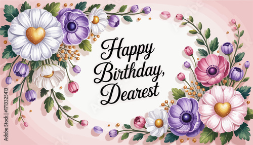 An elegant birthday card design adorned with colorful flowers, conveying heartfelt birthday wishes, ideal for expressing affection and love on special occasions.