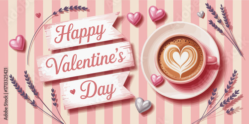 A beautifully designed Valentine's Day image displaying a cup of coffee with heart latte art, pink decorations, and heart-shaped candies, perfect for celebrating love and friendship.